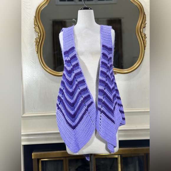 Vintage Sweaters - Handmade Crochet Chevron Vest Purple Striped Sleeveless Boho Layering Piece – OS